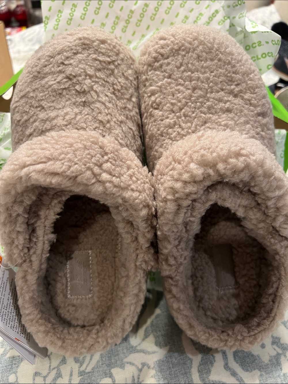 CROCS Cozy Sherpa Slide Slippers in Taupe